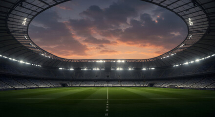 A grand sporting venue embraced by the twilight glow evoking a sense of anticipation and excitement as the stage is