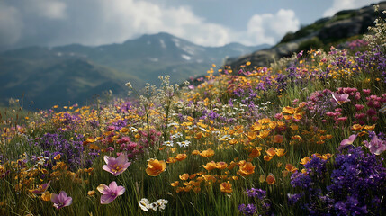 Obraz premium Blooming Meadow Vista: A vibrant, colorful meadow bursts with an array of wildflowers, set against a backdrop of rolling hills and a cloudy sky, creating a scene of pure natural beauty.
