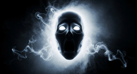 A terrifying ghost skull with glowing eyes emerges from smoke against a dark background a perfect horror image for a spooky Halloween or paranormal concept