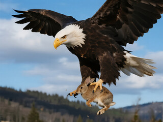 Obraz premium Bald eagle catches a wild rabbit