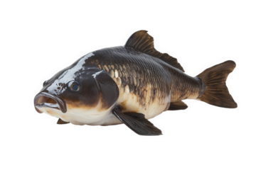 Isolated on transparent background, a brown carp fish is seen in a studio shot