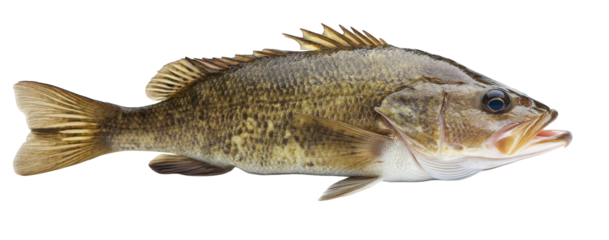 Bass fish with brown and green scales isolated on transparent background