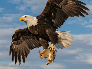 Obraz premium Bald eagle catches a wild rabbit