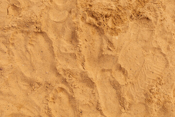 A variety of footprints are imprinted in fine golden sand on the beach, showing signs of recent activity. The scene captures the essence of a calm, sunny day by the ocean