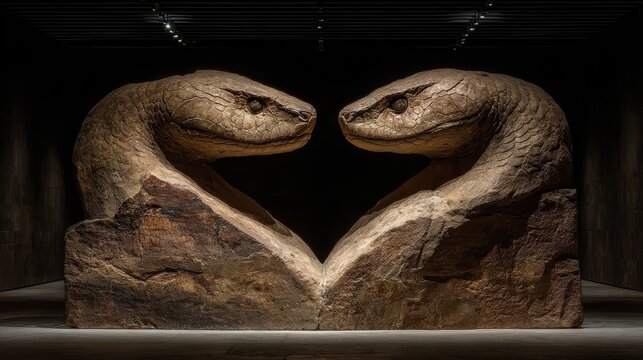 Ancient fossil specimen of a two-headed serpent dramatically presented under exhibition lighting.