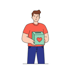 A cartoon man in a red shirt and blue pants holds a green donation box with a red heart on it.