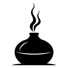 A black silhouette of a round pot with smoke rising from its opening silhouette