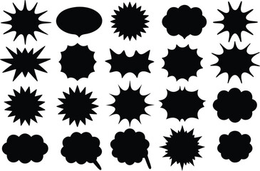 Collection of Black Silhouette Speech Bubbles and Starburst Shapes on White Background for Graphic Design and Creative Projects