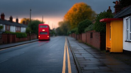 London Bus Stop: A classic red double-decker bus moves along a wet street alongside a yellow bus stop during a calm evening, The scene exudes a sense of urban charm and the allure of city life. 