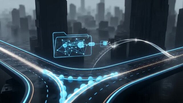 Ultrawide Y-junction route; a foil-edged highlight chooses one lane as orbs split, then a folder accepts the payload and the network returns to steady flow