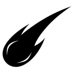 Black silhouette of a fiery comet streaking across a white background silhouette