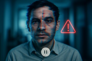 Glitched Video Call Face Morph with Red Warning Icon and Pause Symbol in Blurred Office Background