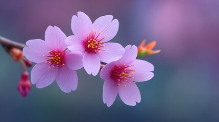 Fototapeta premium Cherry Blossom's Subtle Beauty: Delicate cherry blossom flowers bloom against a soft, blurred background. Capturing the fleeting elegance of spring and the beauty of the natural world.