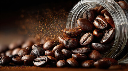 Close up of coffee beans spilling from tilted jar, showcasing rich textures and colors, evoking warm and inviting atmosphere