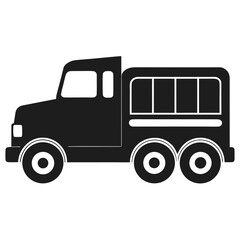 Simple black silhouette of a six wheeled truck with windows