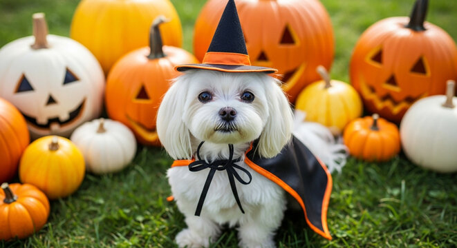 An adorable white dog in a witch hat and cape sits in a pumpkin patch ready for Halloween a perfect cute and magical image for a pet's autumn photoshoot