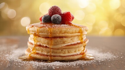 Pancake stack breakfast food with syrup and fruit on wooden table rustic sweet dessert photo
