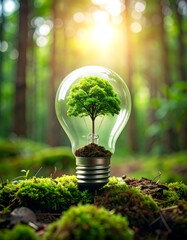 A lightbulb with a tree inside, nestled in moss