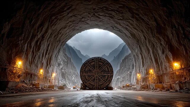 Tunnel Boring Machine Stands Majestically in Cave Depths