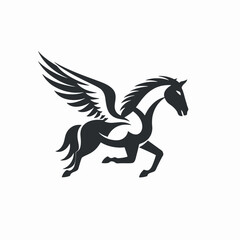 Elegant mythical pegasus flying forward in a simple dark silhouette
