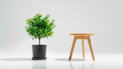 Plant stool decor minimalist studio scene with potted green plant and wooden stool on white background