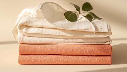 Folded linen cloth natural fabric stack with green eucalyptus leaves for minimal home styling