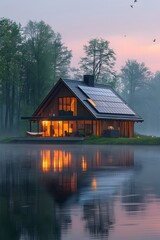 Eco-friendly wooden cabin by lakeside with solar panels at sunrise