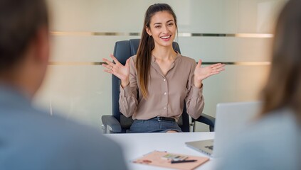 Businesswoman office meeting interview professional woman working with laptop in modern workplace