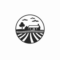 Minimalist farm logo design with field and house vector black silhouette