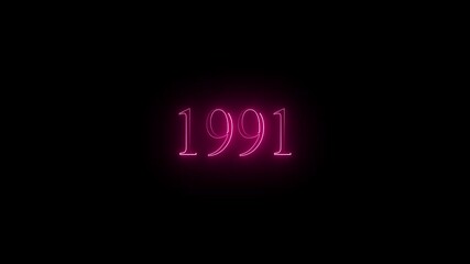 Neon pink year 1991 displayed on a black background. 4k video animation .