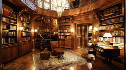 Lavish Art Deco home library with exotic woods, chrome finishes, and plush reading chairs. Celebrates Jazz Age elegance and architectural sophistication