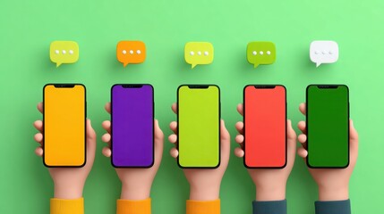 Communication Across Devices: A conceptual image showcasing multiple smartphones held aloft, each displaying a vibrant screen and accompanied by floating message bubbles.