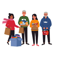 Group of diverse people donating clothes and food items, holding bags, boxes, and baskets, showing community support and charitable giving.