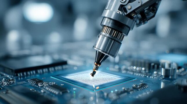 Extreme close-up, macro shot of a high-tech robotic arm with a glowing precision tip, placing a microchip onto a complex circuit board. Scene illuminated with clean, sterile blue and white lighting