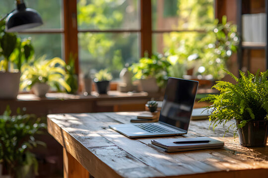 Serene home office with laptop, plants, and natural light, creating a productive workspace.