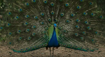 Naklejka premium A magnificent peacock displays its vibrant plumage, showcasing a stunning array of greens, blues, and browns.
