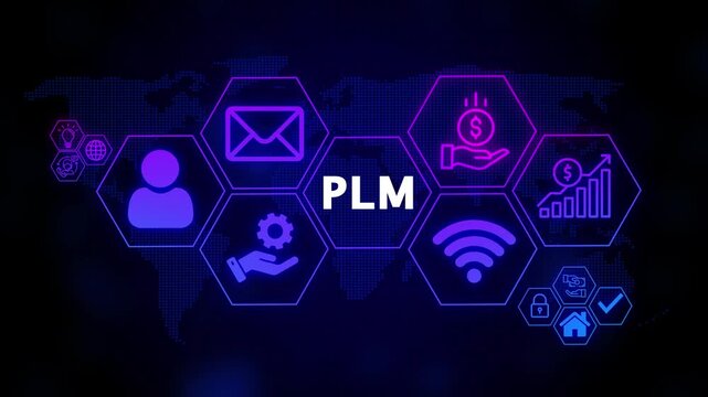 Digital P L M concept with global network icons and financial growth chart representing business strategy and technology innovation - Powered by Adobe