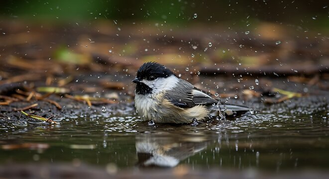 A charming black-and-white chickadee bathes in a puddle, surrounded by splashing water droplets.