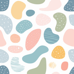 Abstract seamless pattern in pastel colors with geometric shapes: circles, triangles, arches, flowers. Light modern design for textiles and decor