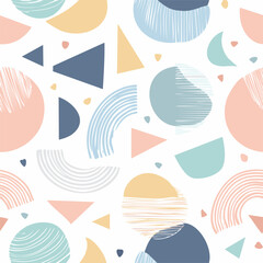 Abstract seamless pattern in pastel colors with geometric shapes: circles, triangles, arches, flowers. Light modern design for textiles and decor