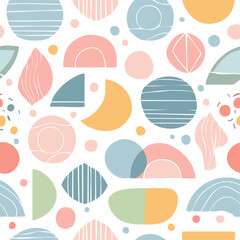 Abstract seamless pattern in pastel colors with geometric shapes: circles, triangles, arches, flowers. Light modern design for textiles and decor