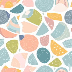 Abstract seamless pattern in pastel colors with geometric shapes: circles, triangles, arches, flowers. Light modern design for textiles and decor