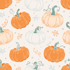Seamless autumn pattern with orange pumpkins, green leaves, and decorative dots. Cozy seasonal design perfect for fall, Thanksgiving, and harvest themes