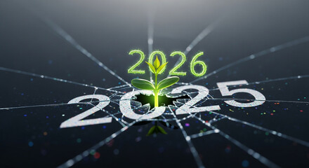 The year 2025 on a shattered target gives way to a sprouting plant for 2026 a perfect concept for growth and success after overcoming challenges of the past