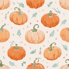 Seamless autumn pattern with orange pumpkins, green leaves, and decorative dots. Cozy seasonal design perfect for fall, Thanksgiving, and harvest themes