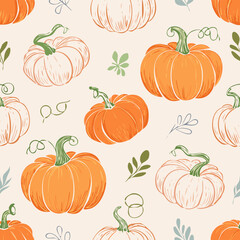 Seamless autumn pattern with orange pumpkins, green leaves, and decorative dots. Cozy seasonal design perfect for fall, Thanksgiving, and harvest themes