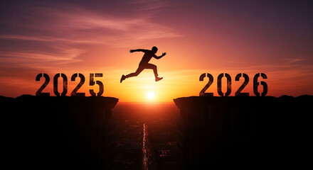 The silhouette of a person leaps from 2025 to 2026 against a dramatic sunset a perfect motivational image for embracing the challenges of the New Year with courage