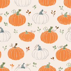 Seamless autumn pattern with orange pumpkins, green leaves, and decorative dots. Cozy seasonal design perfect for fall, Thanksgiving, and harvest themes