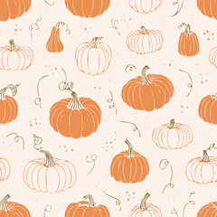 Seamless autumn pattern with orange pumpkins, green leaves, and decorative dots. Cozy seasonal design perfect for fall, Thanksgiving, and harvest themes