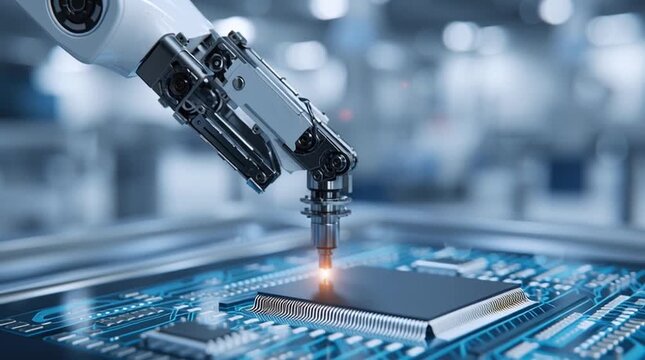 Extreme close-up, macro shot of a high-tech robotic arm with a glowing precision tip, placing a microchip onto a complex circuit board. Scene illuminated with clean, sterile blue and white lighting